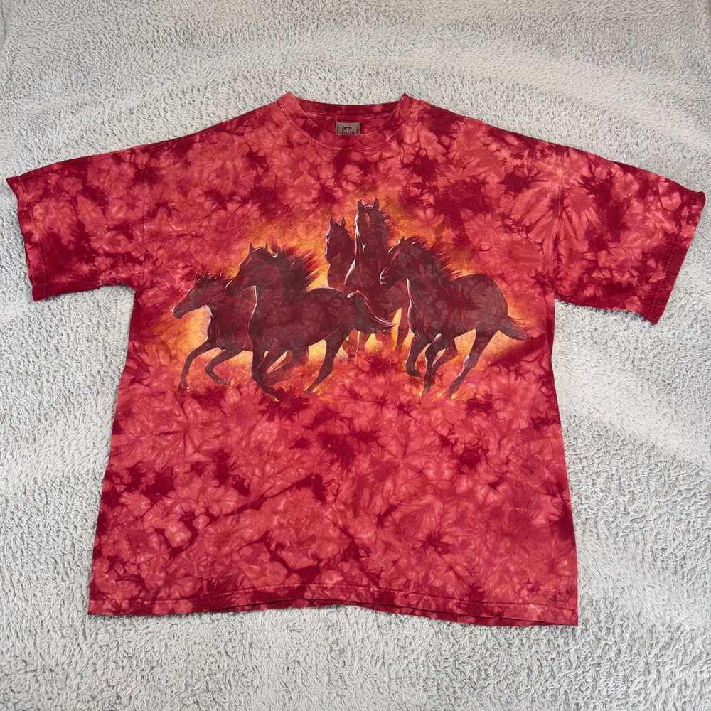 Vintage Habitat Nature Tee Shirt Mens XL Horses AOP Double Sided Tie Dye Red Y2K
